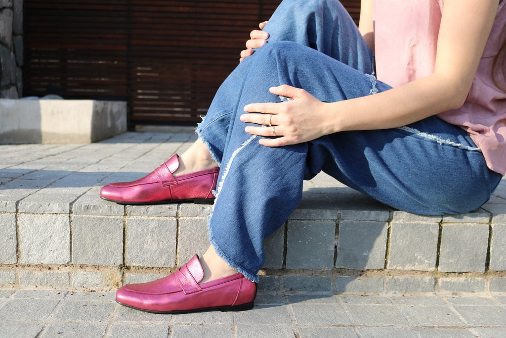 Mocasin Cuero Metalico Fucsia Rosa Mujer